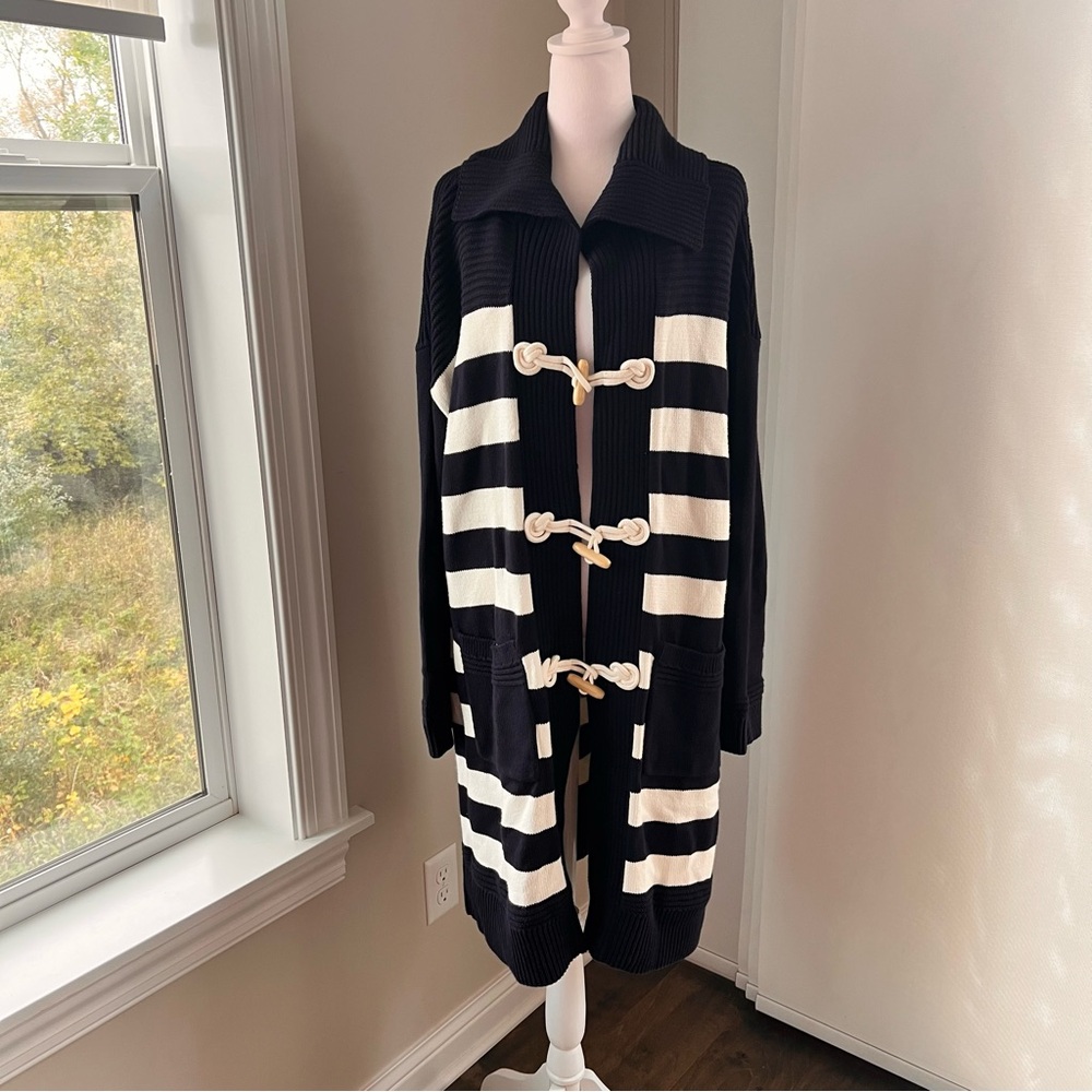 Talbots nautical cable knit striped navy long cardigan/coat size XL